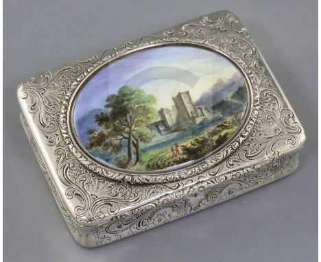 An early Victorian silver and enamel rectangular snuff box, by Robert Garrard II, with engraved scroll decoration, the lid wi