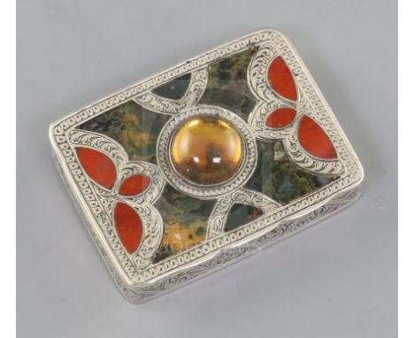 A mid 19th century Scottish silver, hardstone and foil backed cabochon set snuff box/vesta, makers mark only for David Cricht