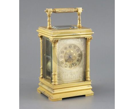 A late 19th century French hour repeating ormolu carriage clock, examined by Wales &amp; McCulloch, Ludgate Hill, London, wit