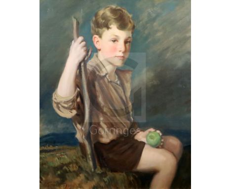 Louis Ginnett (1875-1946)oil on canvasPortrait of a boy holding an applesigned and dated 192929.5 x 24.5in.CONDITION: Oil on 