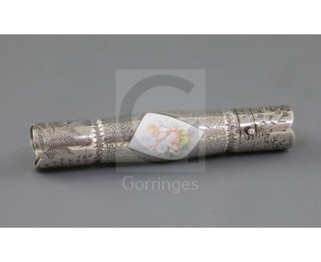 A Victorian engraved silver novelty double scent bottle modelled as a Christmas cracker, inset enamel panel of a child, by Sa