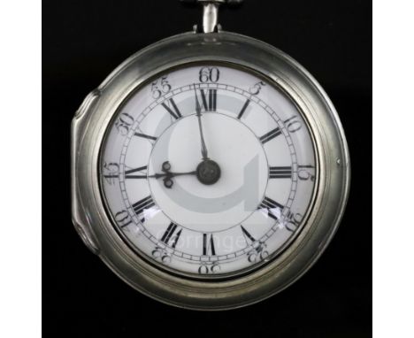 Conyers Dunlop, London, a George III silver pair-cased keywind cylinder pocket watch, No. 3525, with Roman dial and signed mo