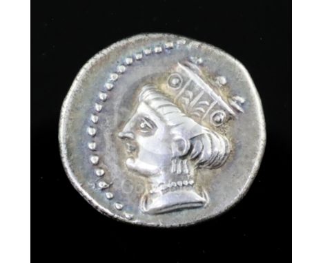 Ancient Coins, Greek Pontus, Amisos AR Drachm, c.400-360 BC., 5.6g, 19mm, Turreted and draped bust of Hera l off centre, wear