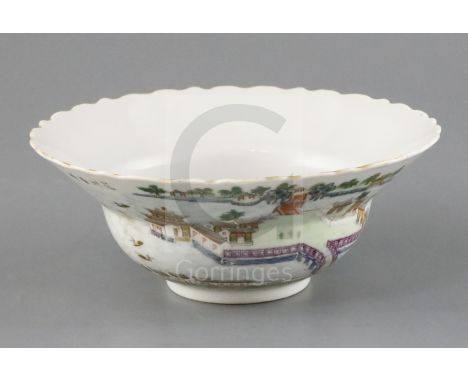 A Chinese famille rose 'landscape' bowl, Daoguang four character seal mark and probably of the period, decorated with a view 