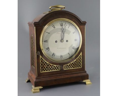 James Warren Jnr of Canterbury. A George III mahogany bracket clock, with arched case and painted Roman dial, twin fusee move