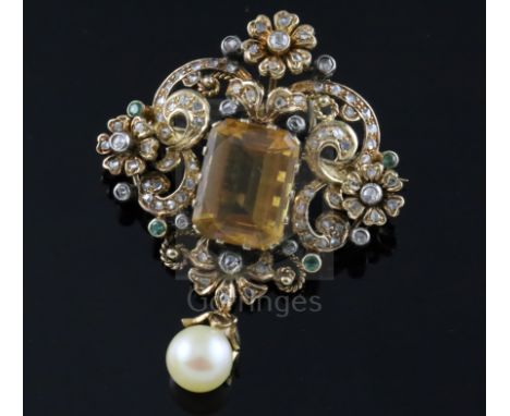 A 19th century gold, citrine, diamond, emerald? and drop pearl set pendant brooch, of quatrefoil shape, with pierced scroll d