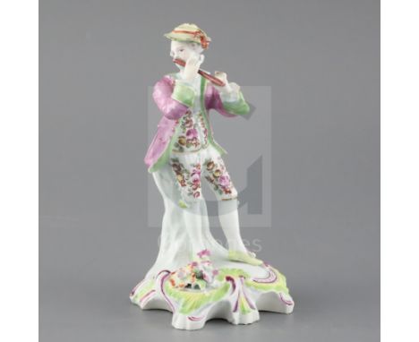 A Derby 'pale family' figure of a flute player, c.1756-8, on a scrollwork base, patch marks, H. 16.5cmCONDITION: Provenance -