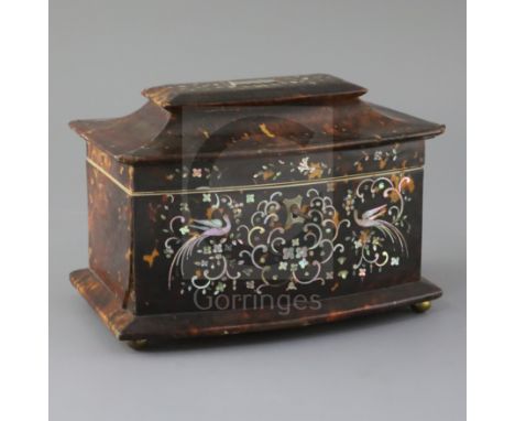 A Regency mother of pearl inlaid tortoiseshell tea caddy, with bowed front and two division interior, width 8in. depth 5.5in.