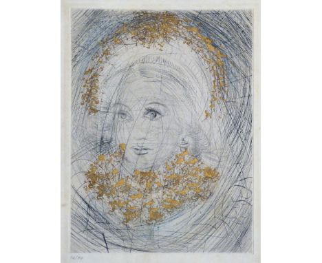 Salvador Dali (Figueras 1904 – 1989 Figueras)Portrait de MargueriteRadierung mit Aquarell und Goldauflage. 1969. 31,8 x 23,9 