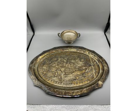 White metal Indian tray and white metal sucrier. 