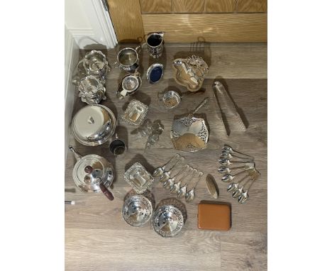 Qty EPNS to include Kattle, Dishes, Flatware and Cruet set and Stratton Cigarette Case 