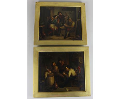 Continental School, a pair of interior tavern scenes of three characters playing cards, the other of three men smoking pipes,