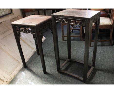 A Chinese rosewood occasional table with pierced support on turned legs, 72cm high, and another similar table on square legs 