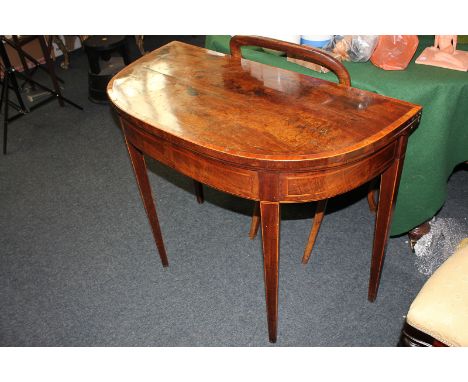 A George III satinwood banded mahogany demi lune card table on square tapered legs, 92cm 