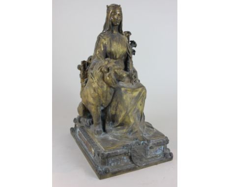 C H Samuel, a bronze statue of seated Britannia with lion on rectangular base, with presentation plaque from the French Expos