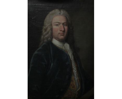 Circle of Nicolas de Largilliere portrait of a gentleman, bust length, wearing a full wig and blue jacket with white cravat, 