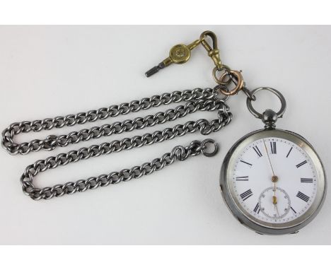 A silver cased Kendal and Dent pocket watch with white enamel dial and Roman numerals, with silver coloured watch chain and k