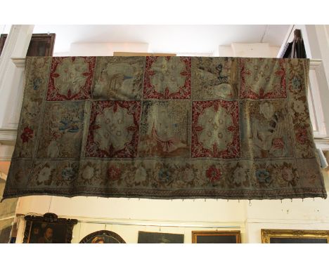 A large Victorian tapestry consisting of fifteen square panels depicting adults, children and flowers, with a floral border 3