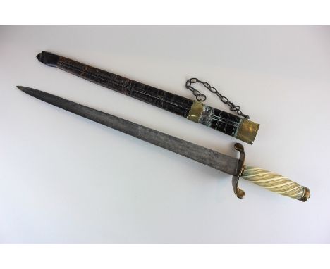 A Continental short sword with 16 inch engraved blade, spiral carved handle, in gilt metal mounted leather scabbard, 53cm