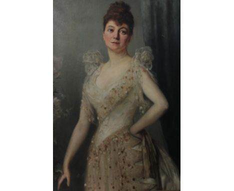 19th century English School portrait of a lady, three quarter length standing, wearing an ivory evening dress, oil on canvas 