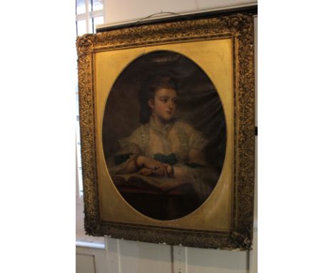 Circle of William Powell Frith, 19th century portrait of a young lady, seated, hands folded on a book, oil on canvas, 91cm by