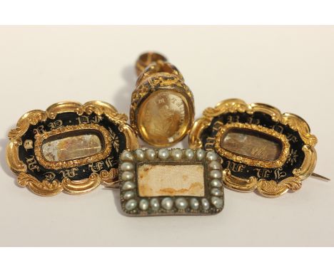 A pair of William IV gold and enamel mourning brooches the reverses inscribed 'John Gurney Obt. Dec. 23rd 1832'; another mour