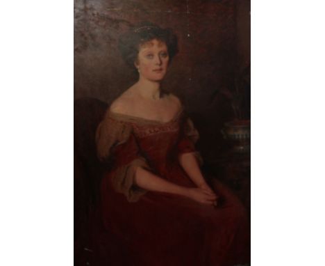 19th century English School portrait of a lady, seated, full length, wearing a red dress, (unframed), 147cm by 101cm  (NC)