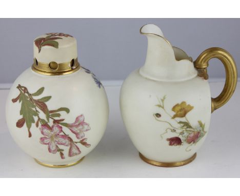 A Royal Worcester jug with hand painted floral decoration on a cream ground with gilt enrichment, together with a similar Roy