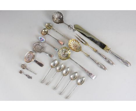 A set of five Victorian Scottish silver coffee spoons with thistle terminals, Edinburgh 1900, an Edward VII mote coffee spoon