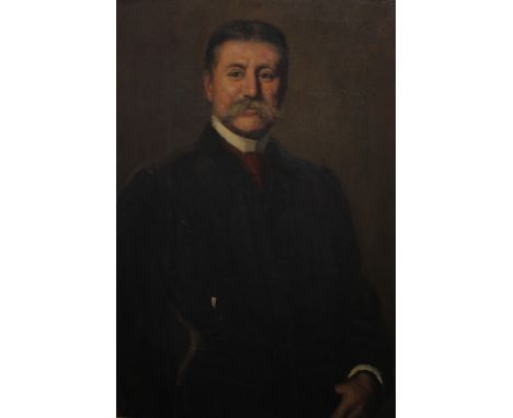 19th century English School portrait of a gentleman, three quarter length standing, wearing a cravat and dark jacket, oil on 