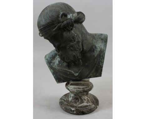 A 19th century bronze bust of Zeus head and shoulders, his head looking to his right on marble plinth (patina badly damaged) 