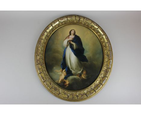 A KPM oval porcelain plaque, after Murillo, depicting the Madonna with cupids playing about her feet, KPM stamped to back, E 