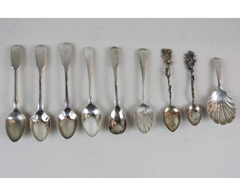 A George V silver caddy spoon, London 1913, together with a pair of Victorian egg spoons and other silver spoons, including t