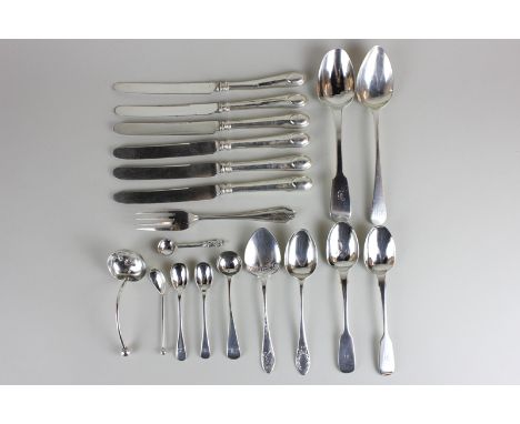 A George III silver Old English pattern dessert spoon, a Victorian sifter spoon, six Georgian style silver handled butter kni