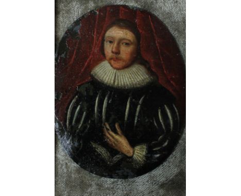 19th century English School Portrait of an Elizabethan gentleman wearing a black doublet and white ruff collar, oil on copper
