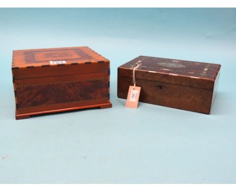 A Victorian burr yew work box, with inlaid borders of bone, ebony and pearl, 11in. together with a burr yew and parquetry box