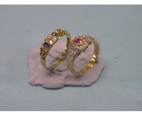 Two 18ct. gold rings, diamonds and sapphires in carved setting, diamonds and ruby in stepped setting, sizes Q/R and O resp.