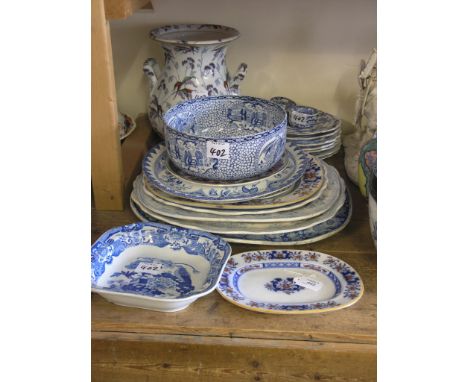 Miscellaneous Victorian blue-printed ceramic tableware, including meat plates and an early Masons serving dish, some damage 