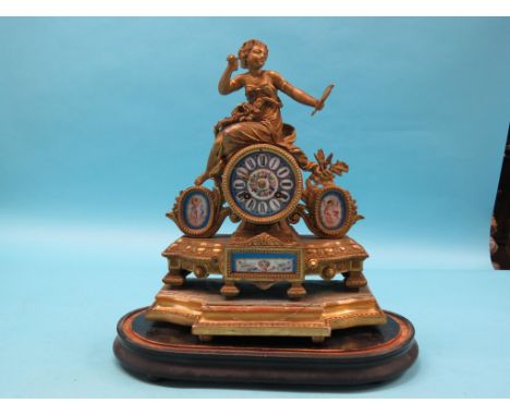 A late 19th century French patinated brass mantel clock, neo-classical style with seated maiden surmount, porcelain dial and 