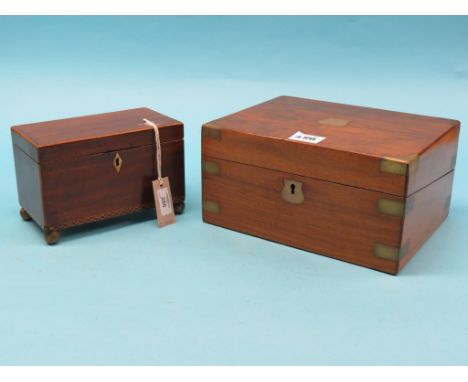 A Victorian brass-mounted walnut writing box, with enclosed slope and fittings, 12in., and an early Victorian mahogany tea ca