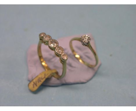 Two 18ct. gold and diamond rings, one five-stone half-hoop, the other claw-set solitaire, sizes R and L/M resp.