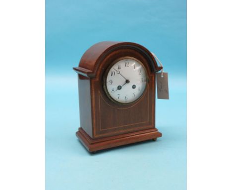 An Edwardian inlaid mahogany mantel clock, with convex, enamelled dial, Japy movement with pendulum, 10in. 