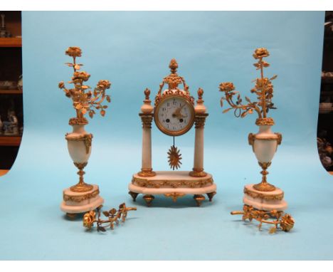 A 19th century French alabaster and ormolu clock garniture, clock with enamelled dial and Marti movement striking on a bell, 