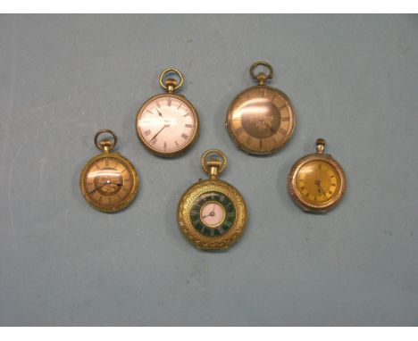 Three 18ct. engraved gold fob watches, together with a 14ct. engraved gold fob watch and a 9ct. engraved gold fob watch, all 