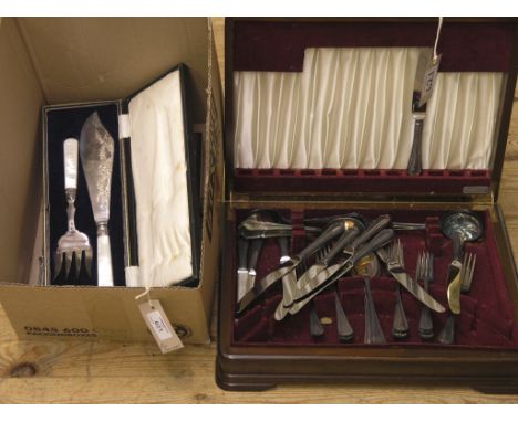 A cased set of six silver plated fish knives and forks, with mother of pearl handles, walnut canteen containing set of plated