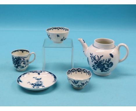 First Period Worcester, teapot, cover lacking, coffee cup and saucer and two tea bowls, each printed/painted in underglaze bl