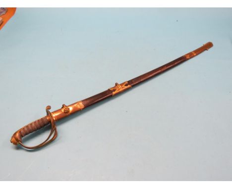 A Victorian naval officer's sword, curved 31in. single-edged blade signed Johnstone, London and Dublin, shark-skin grip in br