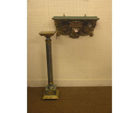 A French period-style moulded gilt wall bracket, serpentine-shape with double-scroll supports, 2ft., together with a blue and