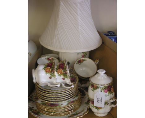 Royal Albert, Old Country Roses, twenty-four piece part teaset, some seconds, and a matching table lamp with shade 