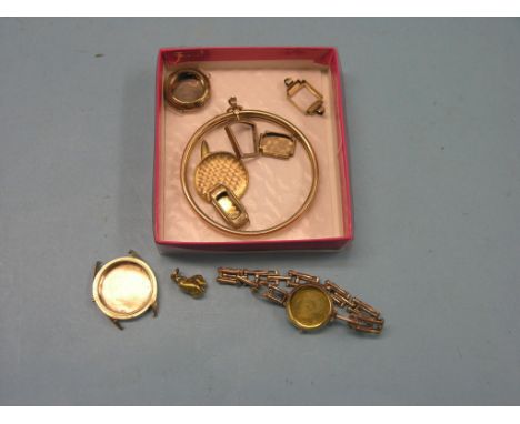 A 15ct. gold bangle, 17.1 grams, a yellow metal boulder pendant, 11.7 grams, three 9ct. gold watch cases, and six other items
